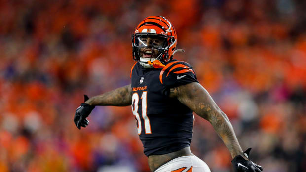 Nov 5, 2023; Cincinnati, Ohio, USA; Cincinnati Bengals tight end Irv Smith Jr. (81) reacts after scoring a touchdown against the Buffalo Bills in the first half at Paycor Stadium. Mandatory Credit: Katie Stratman-USA TODAY Sports  